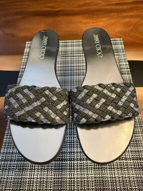 Jimmy Choo London Metallic Woven Slide Sandals Size 42 Made in Italy 🖤